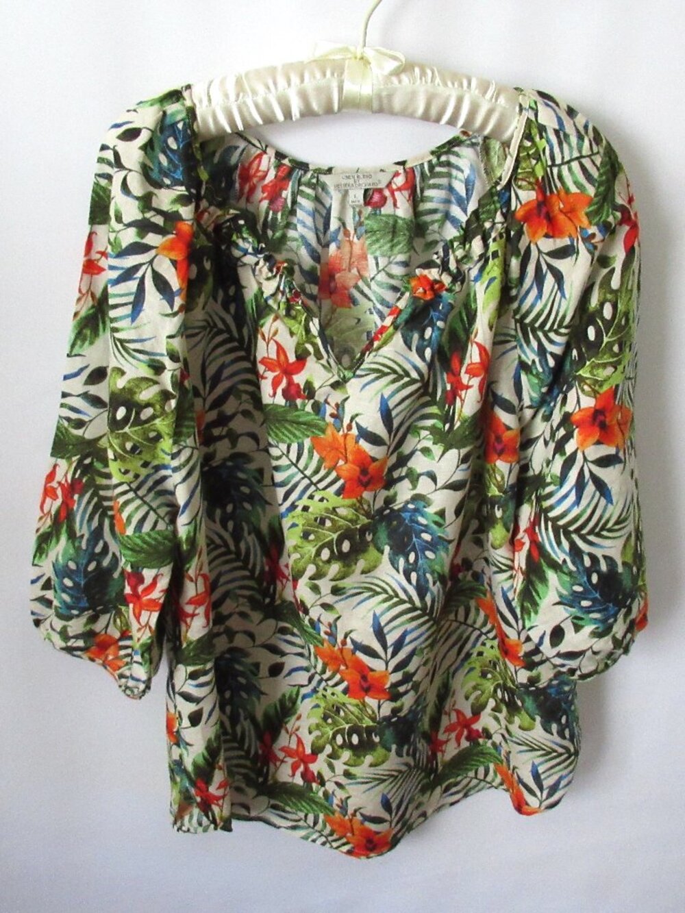 Hester & Orchard multicolor tropical linen blend notch neck 3/4 slv top *Sz L*